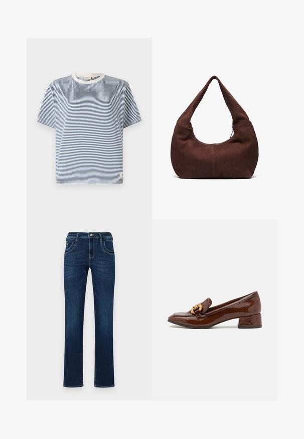 Niebieska i biała koszulka z krótkim rękawem w paski, z okrągłym dekoltem i małą metką po dolnej stronie. Wykonana z lekkiego materiału.; Granatowe dżinsy o prostym kroju, pięcioma kieszeniami i standardowym zapięciem na guzik. Posiadają subtelne detale w szyciu.; Brązowe skórzane loafersy o błyszczącym wykończeniu, z dekoracyjnym złotym zapięciem z przodu i niskim obcasem. Klasyczny design.; Brązowa zamszowa torba hobo z krzywym, szerokim uchwytem i dużym otworem. Miękka tekstura z widocznym szyciem wzdłuż krawędzi.