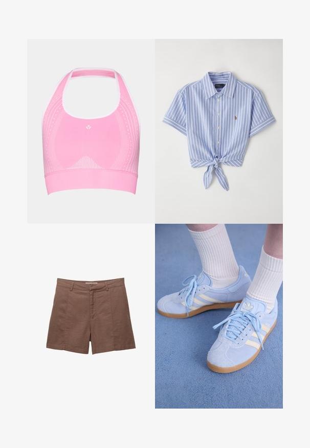 Rosa Sport-BH mit einem Halterhalsausschnitt, der dezente weiße Muster und eine gerippte Textur entlang des unteren Bundes aufweist.; Blau-weiße gestreifte Kurzarmbluse mit einem Knoten-Detail in der Taille und einem kleinen Logo im linken Brustbereich.; Braune Leinen-Shorts mit flachem Bund, zwei Vordertaschen und einer glatten Textur. Sie verfügen über eine taillierte Passform und einen geraden Saum am unteren Ende.; Hellblaue Wildledersneaker mit weißen Streifen, flachen Schnürsenkeln und einer Sohle aus Gummi. Am Knöchel werden gerippte, weiße Socken getragen.
