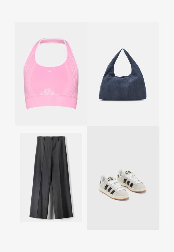 Pink sports bra with a halter neck design, featuring subtle white patterns and ribbed texture along the band at the bottom.; Wide-leg trousers in dark grey fabric, featuring a button closure, front pleats, and belt loops. Smooth texture with a tailored design.; Gray suede sneakers with white laces, black stripes, and a white rubber sole. Features a circular logo on the tongue and a gum sole.; Dark blue denim bag with a soft, slouchy shape, featuring a hobo-style handle and textured surface. No visible hardware accents.
