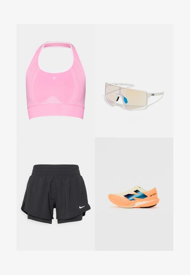 Rausvaišė sportinė liemenėlė su kaklo virvute, papuošta subtiliais baltais raštais ir gumbeline tekstūra apatinėje dalyje.; Juodi sportiniai šortai su elastinga juosmena, vidiniu pamušalu ir šoninėmis skeltukais. Kairėje priekyje yra balta Nike logotipo detalė.; Bėgimo bateliai su lengvu kreminiu viršumi, mėlynu ženklinimu ir oranžiniais akcentais ant pado. Tinklelis, užtikrinantis kvėpavimą.; Baltos rėmeliais akiniai nuo saulės su dideliais gradientiniais lęšiais, turinčiais rožinį ir šviesiai oranžinį atspalvį, pabrėžti mėlynos spalvos nosies dalimi ir logotipo detale.