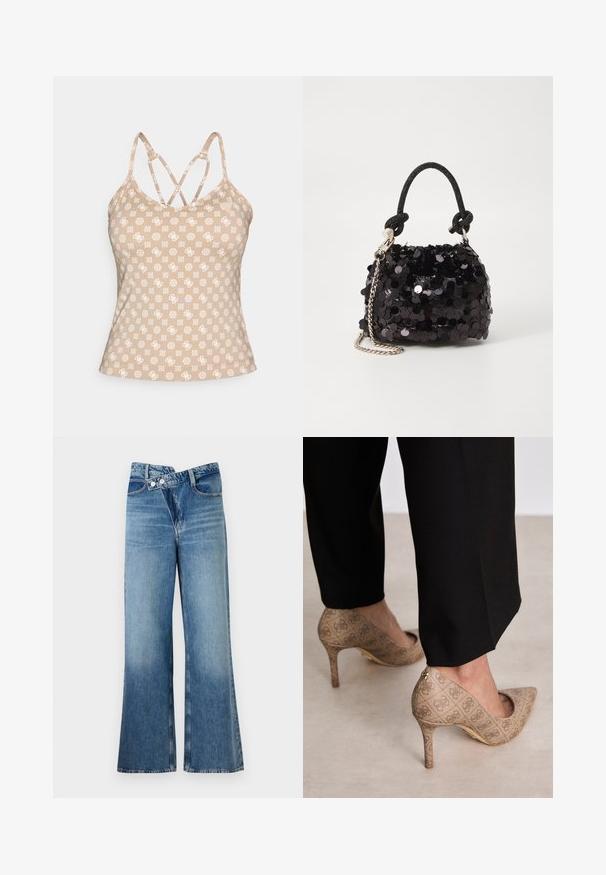 Bež majica brez rokavov z belimi ponavljajočimi se geometrijskimi vzorci. Ima nastavljive križno prečkane naramnice in prilegajoč dizajn. Gladka tekstura.; Svijetloplave traperice s flared krojem i visokim strukom, koje se zatvaraju s dva gumba i imaju prednje džepove. Tkanina ima izblijedjeli izgled s suptilnim varijacijama.; Bež čevlji na visokem petem z teksturirano tkanino, ki ima ponavljajoč vzorec. Oblika z ostrim nosom z zadaj poudarjenim delom in zlatim podplatom.; Črna mini torbica s palčkami iz bleščic, z vozlanim teksturiranim trakom in srebrnima verigama. Okrogla oblika z nabranim vrhom in odsevnimi detajli.
