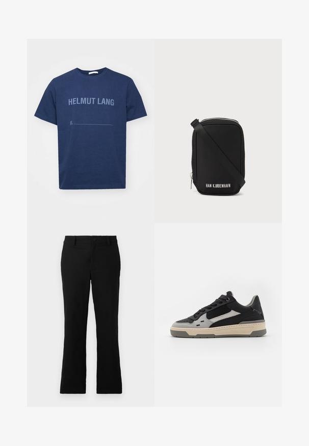 Navyblauwe katoenen t-shirt met korte mouwen, met "HELMUT LANG" in lichtere blauwe tekst gedrukt en een lege regel eronder.; Zwarte uitlopende broek van een katoenmix, voorzien van een knoopsluiting, riemlussen en een gladde textuur zonder zichtbare patronen.; Sneakers met zwarte en grijze panelen, gestructureerd mesh, glad leer en een crèmekleurige rubberen zool met een minimalistisch ontwerp.; Zwarte tas met een rechthoekige vorm, gemaakt van glad materiaal. Beschikt over een bovenrits, verstelbare schouderband en witte tekst: "HAN KJØBENHAVN."