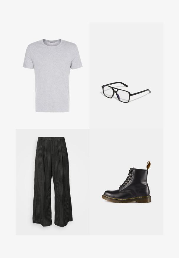 Camiseta de algodón gris con cuello redondo, mangas cortas y un diseño liso, que presenta una textura suave y lisa, sin patrones ni adornos visibles.; Pantalones de pierna ancha a rayas negras con pliegues, que presentan un diseño ajustado y una textura suave. Sin herrajes ni acentos visibles.; Botín de cuero negro hasta el tobillo con costuras amarillas, cordones en la parte delantera, puntera redonda y suela de goma texturizada. Cuenta con una lengüeta en la parte trasera.; Gafas rectangulares negras con lentes transparentes y un sutil tono púrpura, con brazos elegantes y un diseño minimalista.