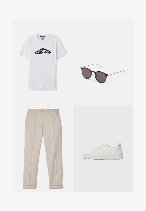 Hvid bomulds t-shirt med korte ærmer og rund halsudskæring. Har et sort grafisk logo, "DSQUARED2 CDN," på tværs af brystet.; Filippa K TERRY CROPPED TROUSERS - Bukser - sage melange; Hvide lædersneakers med en glat overflade, rund tå, flade snørebånd og en tekstureret sål. Har et diskret logo på hælen.; Sorte runde solbriller med mørke linser og slanke metalarme. Inkluderer klare tempeltips og sølvdetaljer ved hængslet. Minimalistisk design.