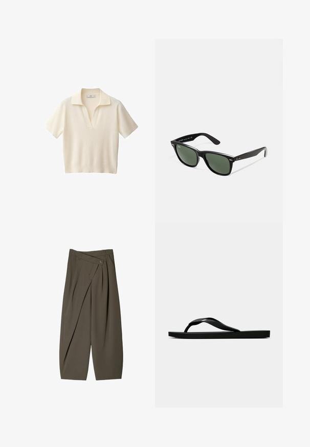 Krémový polo tričko s krátkým rukávem a jemnou texturou, vybavené klasickým límečkem a volným střihem, vhodné pro každodenní nošení.; Široké kalhoty z tmavě olivově zelené látky, s plisovaným předním designem, knoflíkovým uzávěrem a lesklým, strukturovaným povrchem.; Černé gumové žabky s texturovaným páskem a jednoduchou plochou podrážkou, zobrazené z boku na světlém pozadí.; Černé plastové sluneční brýle se zelenými skly, čtvercové obroučky, stříbrný detail na obočí a texturované stranice. Značka uvedená na vnitřní straně stranic.