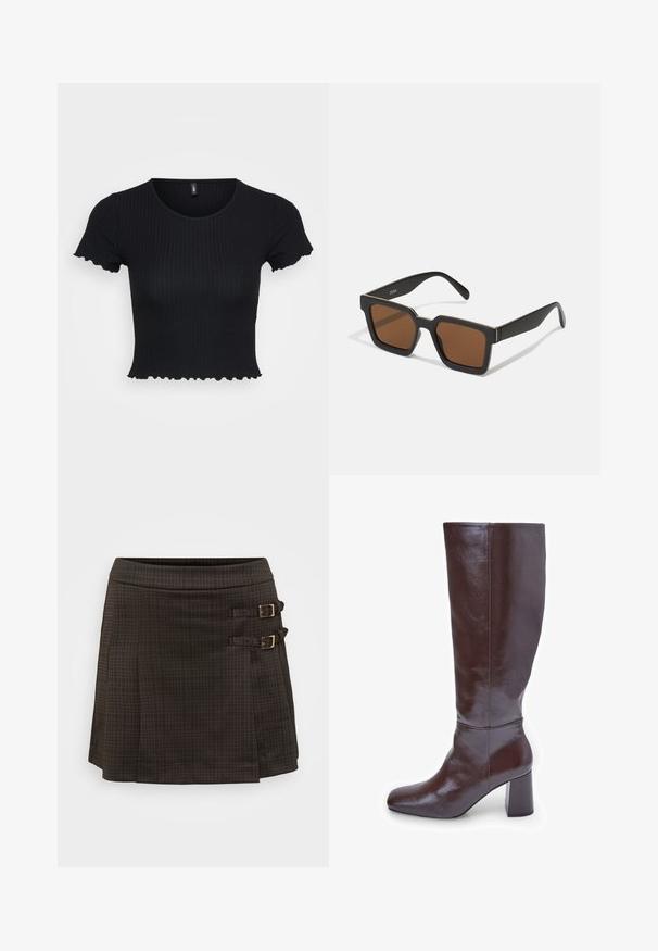 Must have mustrisüst, lühikesed varrukad laineliste äärtega, ümmargune kaelus, tekstuuriga kangas, keha lähedane lõige.; Tume ruuduline seelik, A-line siluett, millel on kaks külgbuklit kuldse tooni riistvaraga. Valmistatud tekstureeritud kangast, millel on peen kontrollmuster.; Pruunist nahast kuni põlveni ulatuvad saapad ruudukujulise varbaga ja paksu kontsaga. Viimistlus on läikiv, rõhutades siledat tekstuuri ja disainijoontesid.; Must mustad prillid pruunide läätsedega, millel on matt viimistlus ja kuldsed aktsendid raami peal. Disain on nurkne laia varrega.; Kuldne rõngas kõrvarõngad, millel on sujuv ja ümar disain. Omab väikest hingedega sulgemist, kerget väljanägemist ja läikivat viimistlust.