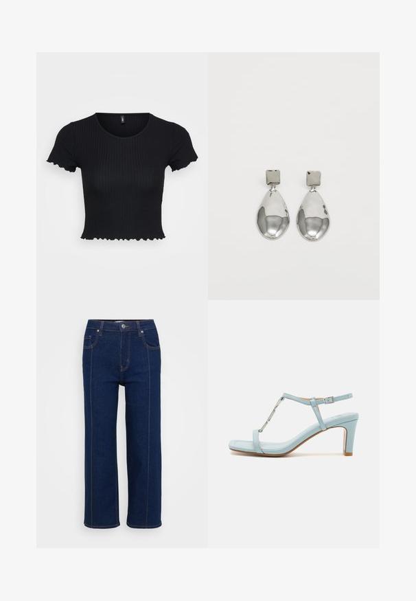 Svart ribbet kort topp, korte ermer med bølgete kanter, rund hals, teksturert stoff, tettsittende design.; Mørkeblå rette jeans med knappelukking, front- og baklommer, og synlig oransjefargede sømmer langs sømmene.; Lys blå ankelrem høyhælte sandal med firkantet tådesign, med metallisk aksent og en slank, glatt lærtekstur.; Sølv dråpeøreringer med firkantet studs, med en glatt, polert overflate og en tåreformet design som reflekterer lys med en blank overflate.