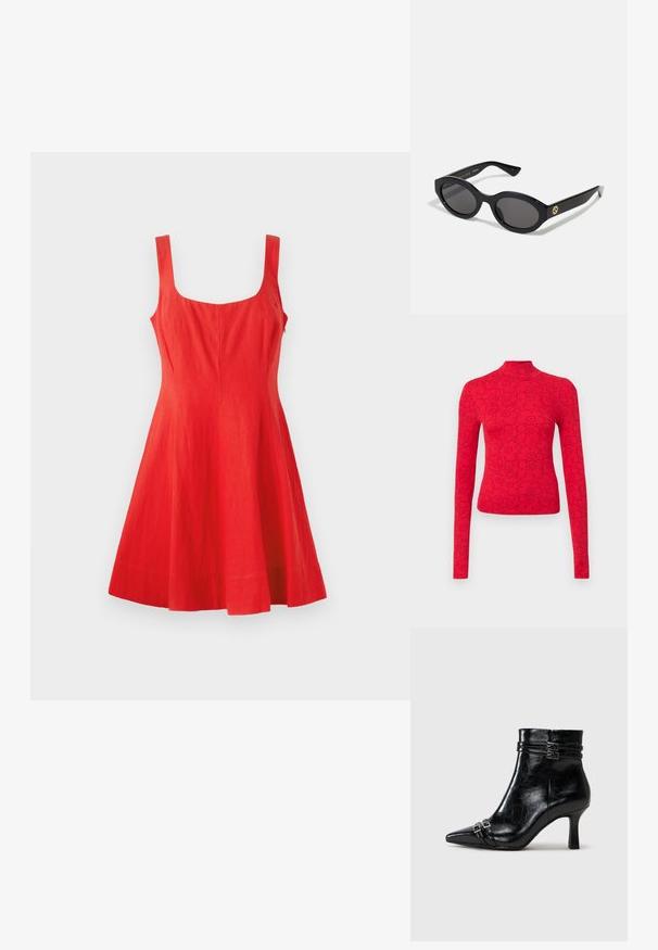 Red long-sleeve top with a high neck, featuring a black floral pattern, made of ribbed fabric for a textured appearance.; Red linen sleeveless dress with a square neckline, fitted bodice, and flared skirt. Smooth texture, minimalist design, and no visible details.; Tamaris Wedge Ankle Boots - black; Black oval sunglasses with dark lenses and glossy plastic frame. Features gold logo on the temple, offering a sleek and modern design.