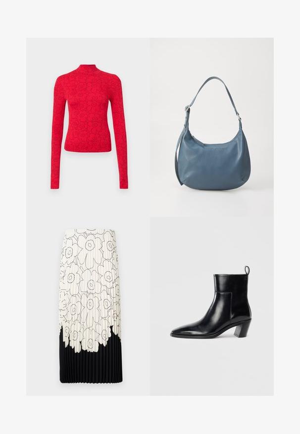 Rotes Langarmoberteil mit hohem Kragen, versehen mit einem schwarzen Blumenmuster, aus geripptem Stoff für ein strukturiertes Aussehen.; Faltrock mit einem floralem Schwarz-Weiß-Muster, der oben hell ist mit Blumen und einem schwarzen, einfarbigen Saum unten.; Schwarze Leder-Ankleboots mit spitzem Zeh, geometrischem Blockabsatz und einem Zugband hinten. Glatte Textur und elegantes Design.; Blaue Lederhandtasche mit runder Form, einem Schulterriemen, Reißverschluss und eingeprägtem Markennamen auf der Vorderseite. Glatte Textur.