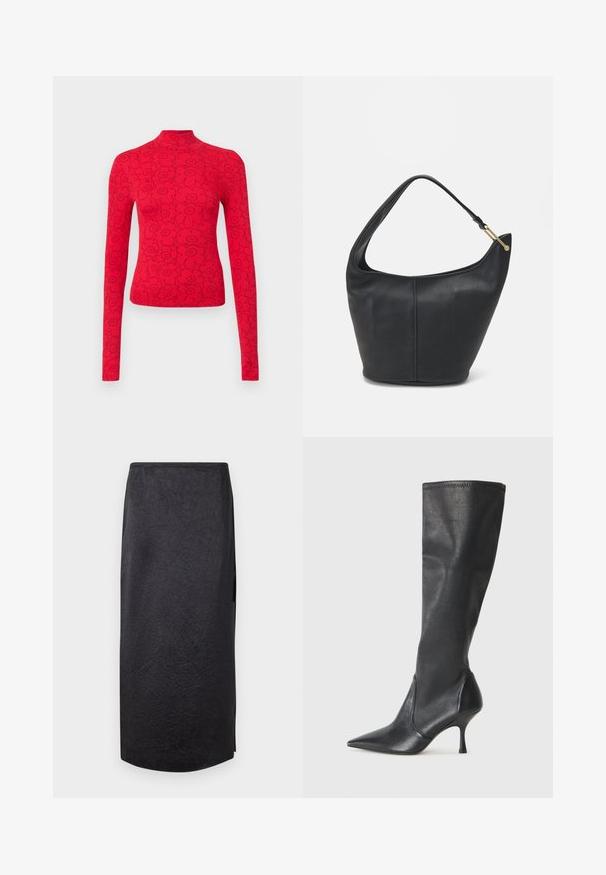 Punane pika varrukaga topp kõrge kaelusega, musta lillemustriga, ribakudumisest valmistatud, et anda tekstuuriline välimus.; Mustra musta midi seelik, millel on kortsuline tekstuur, sirge lõige ja külgniit. Materjal tundub kerge. Serv on veidi ümar.; Knee-high mustad nahksaapad terava nina ja kitsaste stiilsete kontsadega. Sile tekstuur sobiva disainiga ja õmblused ülemisel serval.; Musthave musta nahast käekott ümarate servadega, laia rihmaga ja tekstureeritud pinnaga. Omab peenelt õmblust detailina ning kullatooni aksessuaare.