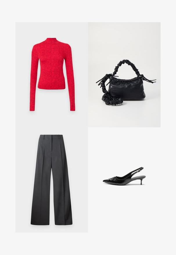 Rode longsleeve top met hoge nek, voorzien van een zwart bloemmotief, gemaakt van ribbelstof voor een textuurachtig uiterlijk.; Wijde broek in donkergrijze stof, met een hoge taille, enkele plooien en een gladde textuur met een nette afwerking aan de zoom.; Zwarte leren slingback hakken met een spitse neus, kleine kittenhak en een decoratieve knoopdetail aan de voorkant. Smooth textuur overal.; Zwarte nepleer handtas met een krokodillenstructuur, opgedroogde bovenkant en een gekreukte hengsel. Het lijkt zacht en compact van ontwerp.