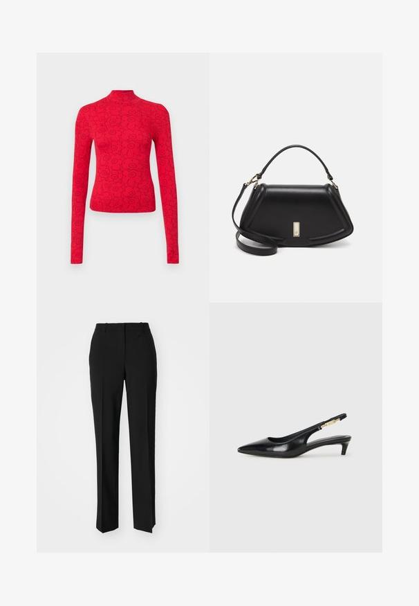 Rotes Langarmoberteil mit hohem Kragen, versehen mit einem schwarzen Blumenmuster, aus geripptem Stoff für ein strukturiertes Aussehen.; Schwarze, taillierte Hose mit geradem Bein, aus einem glatten Stoff und mit klaren Falten an der Vorderseite. Keine sichtbare Hardware.; Schwarze Leder-Slingback-Pumps mit spitzem Schuhblatt, ausgestattet mit einem schlanken Absatz und einem goldfarbigen Akzent am verstellbaren Riemen. Glatte Textur.; Schwarze Lederhandtasche mit einem strukturierten Design, das eine verkürzte Form, einen oberen Griff und goldfarbene Hardware-Details aufweist. Verstellbarer Schulterriemen ist enthalten.