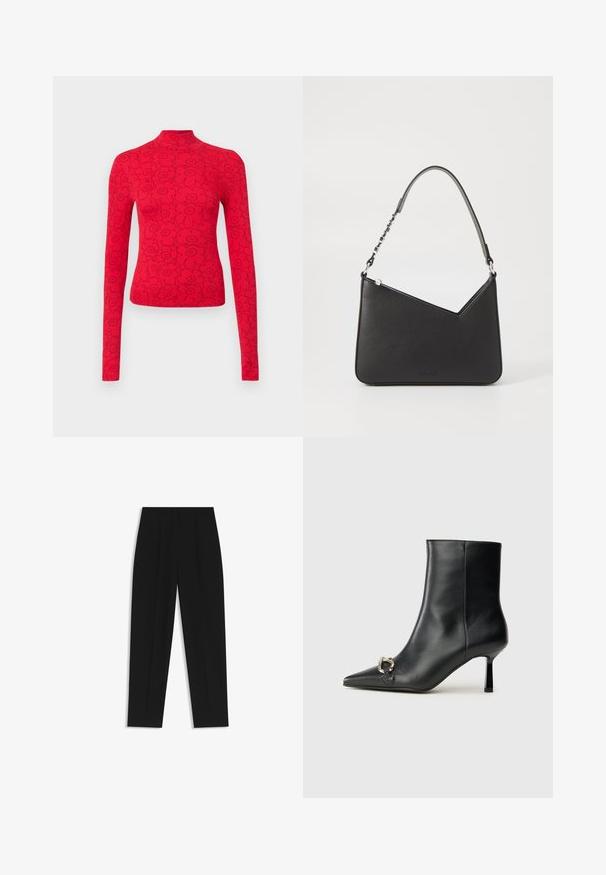 Punainen pitkähihaisessa paidassa on korkea kaula-aukko, ja siinä on musta kukkakuosi. Paita on valmistettu ribbitetusta kankaasta, mikä antaa sille tekstuuria.; Mustat housut suoran istuvuuden kanssa, joissa on kaksinkertaiset laskokset, sileä pinta ja klassinen vyötärönauhan muotoilu. Ei näkyviä metalliosia tai koristeita.; Musta nahkasaapas nilkkapituisilla, terävillä kärjillä, hoikalla keskipituisella korolla ja hopeavöillä sivussa yksinkertaista taustaa vasten.; Musta nahkakäekott kolmnurga kujuga, peene rihmaga ja hõbedaste detailidega. Omab lukuga sulgemist ja esiküljel on reljeefne logo.