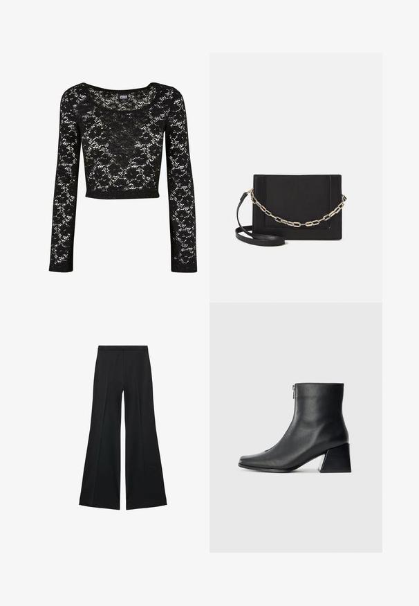Schwarzes Spitzen-Crop-Top mit langen Ärmeln. Verfügt über ein florales Muster, einen runden Halsausschnitt und eine halbtransparente Textur. Weiches, leichtes Material.; Schwarze weit geschnittene Hose mit glatter Textur, ausgestattet mit Frontfalten und einem taillierten Design. Der Stoff ist leicht und fließend.; Schwarze Lederstiefelette mit quadrater Zehenform, seitlichem Reißverschluss und Blockabsatz vor einem schlichten hellen Hintergrund.; Schwarze Leder-Crossbody-Tasche mit glatter Textur, rechteckiger Form und metallic-kettendetail auf der Vorderseite. Verstellbarer Gurt inklusive.
