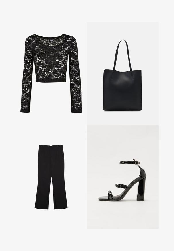 Mustat pitsineuleet lyhyet hihattomat yläosat, joissa on pitkähihaisuus. Sisältää kukkakuosin, pyöreän kaula-aukon ja puoliksi läpikuultavan tekstuurin. Pehmeä, kevyt materiaali.; Mustat housut suoralinjaisella leikkauksella, joissa on etutaskut ja sivurei'ät helman alla. Valmistettu pehmeästä ja sileästä kankaasta. Sopii eri tilaisuuksiin.; Musta kiiltäväpintainen korkokengät, joissa on kaksi solkikiinnitystä, neliönmuotoinen kärki ja paksu korko, sileällä, kiiltävällä pintarakenteella.; Mustapahkainen kangaskassi, jossa on sileä pinta, suorakaiteen muotoinen ja kaksi pitkää kahvaa. Ei näkyvää metalliosaa tai koristeita.