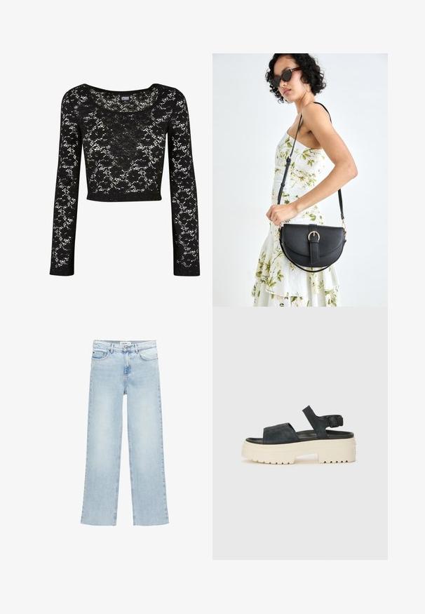 Černý krajkový cropped top s dlouhými rukávy. Má květinový vzor, kulatý výstřih a poloprůhlednou texturu. Měkký, lehký materiál.; Světle modré široké džíny vyrobené z denimu s vysokým pasem, pěti kapsami a zapínáním na knoflík. Obsahují minimální detaily šití.; Černé semišové platformové sandály s robustní bílou podrážkou, širokým předním páskem a nastavitelným řemínkem kolem kotníku. Texturovaná podrážka pro lepší grip.; Černá kožená kabelka s křivkovým tvarem, odnímatelným popruhem a zlatými detaily. Kabelka má klopu s přezkou.