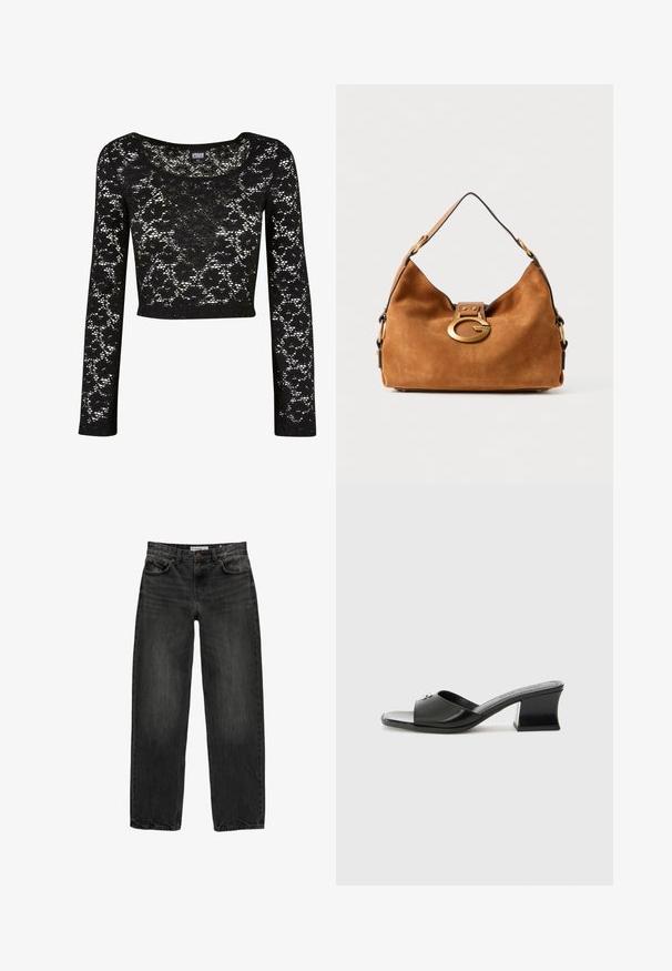 Schwarzes Spitzen-Crop-Top mit langen Ärmeln. Verfügt über ein florales Muster, einen runden Halsausschnitt und eine halbtransparente Textur. Weiches, leichtes Material.; Schwarze Jeans aus Denim mit lockerer Passform, geradem Bein, fünf Taschen-Design und einer leicht gewaschenen Textur. Knopf- und Reißverschluss vorne.; Schwarze Absatzmules mit glänzendem Finish, offenem Zehenbereich und einem breiten Riemen. Der Blockabsatz mit geometrischer Form sorgt für Stabilität. Silberne Akzentdetails.; Braune Wildleder-Handtasche mit runder Form, einem goldfarbenen Hardware-Verschluss und einem kontrastierenden schwarzen Rand. Verfügt über einen einzelnen Schulterriemen zum Tragen.