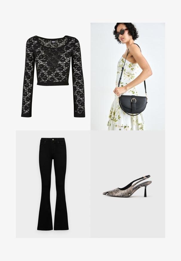 Svart blonde croppet topp med lange ermer. Har et blomsterdesign, rund halsutskjæring og en semi-transparent tekstur. Mykt, lett materiale.; Sorte høytlivsjeans med knapp og glidelås, frontlommer og utsvingte bein liggende flatt på en hvit bakgrunn.; Pekefotede slingback-sko laget av teksturert slange-print materiale, med en slank svart hæl og et utskjæringsdesign på sidene.; Svart lærveske med en buet form, avtagbar stropp og gullbeslag. Vesken har et klaff med spenne-detall.