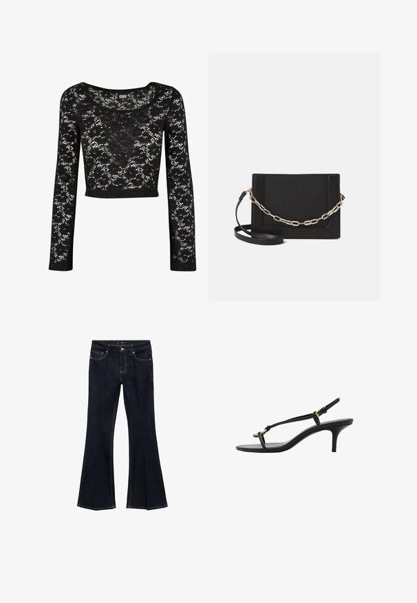 Černý krajkový cropped top s dlouhými rukávy. Má květinový vzor, kulatý výstřih a poloprůhlednou texturu. Měkký, lehký materiál.; Tmavě modré denimové džíny s vysokým pasem, předními kapsami a rozšířenými nohavicemi, vystavené na bílém pozadí.; Černé kožené sandály na kotníkovém podpatku s tenkými pásky, zlatou sponou a minimalistickým provlečením na prstech na bílém pozadí.; Černá kožená crossbody taška s hladkým povrchem, obdélníkovým tvarem a kovovým řetízkem na přední straně. Součástí je nastavitelný popruh.