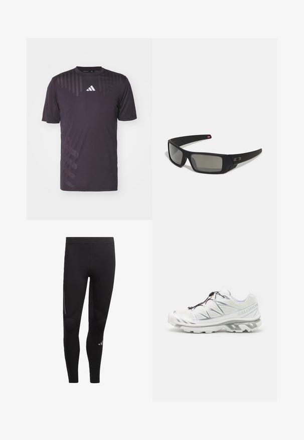 adidas Performance HIIT WORKOUT AIRCHILL  - Sport T-Shirt - dark purple; Schwarze sportliche Leggings aus dehnbarem Material, mit einem hohen Bund, reflektierenden Akzenten und einem Logo nahe dem Knöchel. Weiche Textur.; Weißer Sportschuh mit strukturiertem Obermaterial, reflektierenden Akzenten und grauer Sohle. Verfügt über betonte dreieckige Muster und ein Schnellschnürsystem.; Schwarze Sonnenbrille mit matter Oberfläche, rechteckigen Gläsern, leichtem Bogen an den Schläfen, dezentem Logo-Detail und rauchgetönten Gläsern.