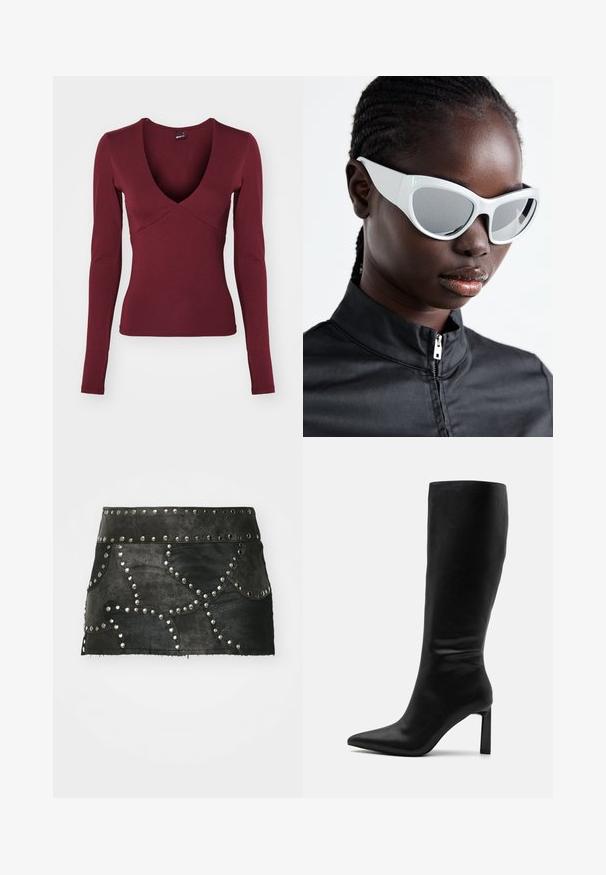 Burgundské tričko s dlouhým rukávem, hlubokým výstřihem do V a přiléhavým střihem, vyrobené z měkké a pružné tkaniny, s švy na hrudníku.; Černá kožená sukně s dekorativními stříbrnými nýty a zakřiveným šitím. Má přiléhavý pas a délku, která sahá nad polovinu stehna.; Even&Odd Vysoká obuv - black; Bílé sluneční brýle s odvážným, přehnaným designem a zrcadlovými čočkami, s hladkými plastovými rámy a akcentovanými křivkami.