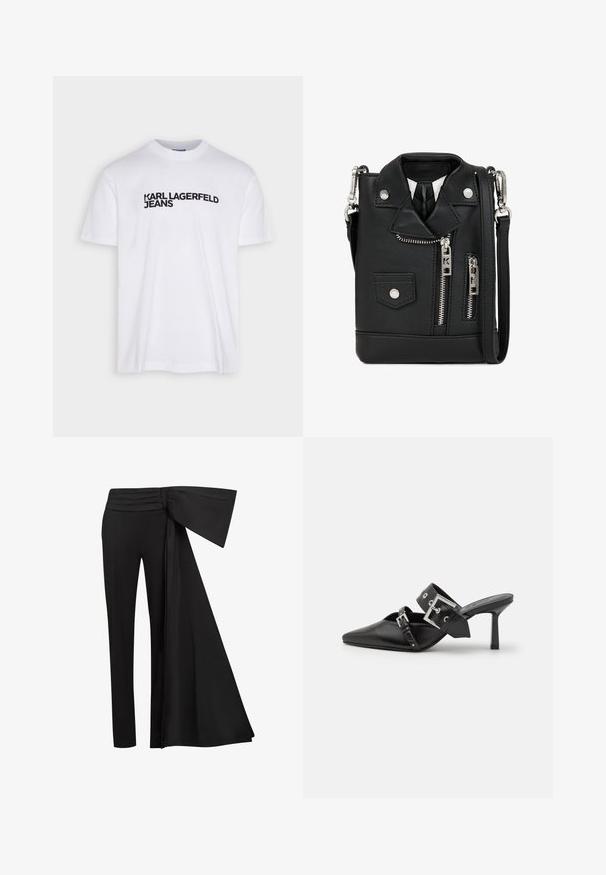 Valkoinen puuvillapaita, jossa on pyöreä pääntie, ja joka esittelee mustaa painettua logoa "KARL LAGERFELD JEANS" rinnan kohdalla.; Musta housut, joissa on leveä, roikkunut vyöyksikkö vyötäröllä. Sujuva kangas, suora lahkeiden leikkaus ja laskostettu vyötärönauha.; Musta korkeakorkoiset mokkasiinit, joissa on terävä kärki ja sileä nahka. Varustettu leveällä nilkkahihnalla, jossa on neliönmuotoinen hopea solki ja niittejä.; Mustan keinonahkaisen olkalaukun muotoilu muistuttaa moottoripyörätakkia. Varustettu vetoketjuilla, napituksilla ja olkahihnalla. Kompakti ja rohkea ulkonäkö.