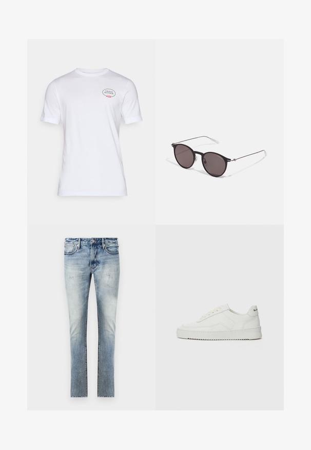 Vit bomull t-shirt med korta ärmar, rundad halsringning och en logotyp med blommiga detaljer på vänster bröst.; Ljust blå denimjeans med en bleknad finish, slim fit-design, fem fickor och kontrasterande sömmar.; Vita lädersneakers med en jämn yta, rund tå, platta snörningar och en strukturerad sula. Har en diskret logotyp på hälen.; Svarta runda solglasögon med mörka linser och smala metallarmar. Inkluderar klara tempeltips och silverdetaljer vid gångjärnet. Minimalistisk design.