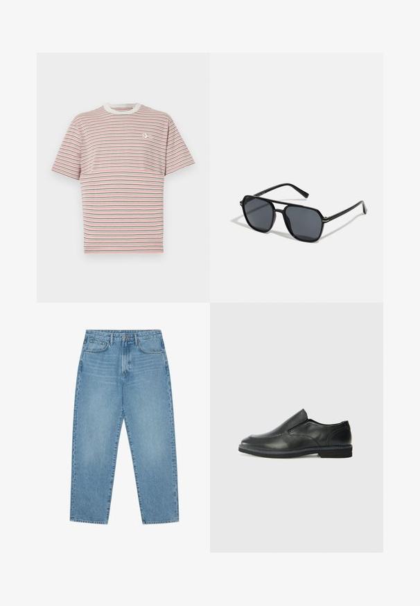 Tricou cu dungi, având linii orizontale în roz, bleumarin și alb. Guler rotund cu textură și un logo mic pe piept. Material din bumbac.; Jeans din denim albastru deschis cu croială largă și talie înaltă, având cinci buzunare, bucle pentru curea și o textură moale, ușor decolorată.; Pantof de piele neagră, tip slip-on, cu un superior neted, accente cusute, vârf rotunjit și un toc jos din cauciuc. Talpa are un profil minim de aderență.; Ochelari de soare negri cu ramă octogonală, lentile întunecate, finisaj lucios, temple subțiri și accente aurii în partea din față.