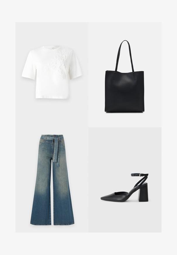 White cotton t-shirt with short sleeves, featuring textured floral embroidery on the left side. Crew neckline, relaxed fit.; Wide-leg denim trousers featuring a light to dark blue gradient, high waist, belt loops, and a matching fabric belt. Textured denim finish.; Black leather pointy-toe pump with an ankle strap and a chunky heel. Flat texture, sleek design, and minimalistic aesthetics.; Black leather tote bag with smooth texture, rectangular shape, and two long handles. No visible hardware or embellishments.