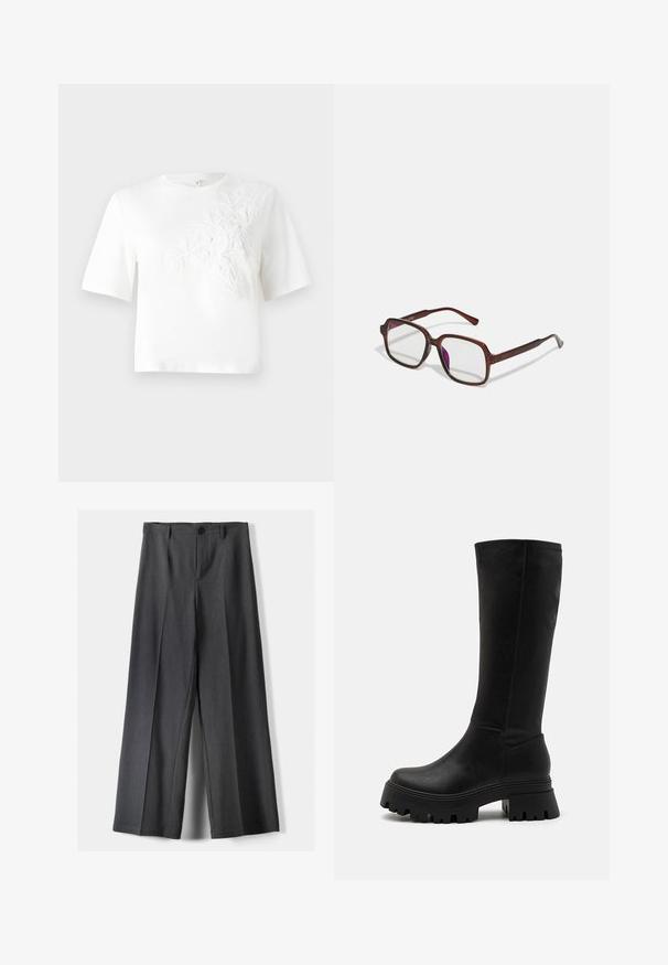 White cotton t-shirt with short sleeves, featuring textured floral embroidery on the left side. Crew neckline, relaxed fit.; Wide-leg trousers in dark grey fabric, featuring a button closure, front pleats, and belt loops. Smooth texture with a tailored design.; Black knee-high boots made of faux leather, featuring a chunky rubber sole with deep grooves, smooth surface, and minimal stitching details.; Brown, rectangular eyeglasses with transparent lenses and purple tints. Smooth plastic frame with straight temples and subtle accents.; Black patterned fabric handbag with brown leather accents. Features a structured shape, short handle, and adjustable shoulder strap. Gold hardware.