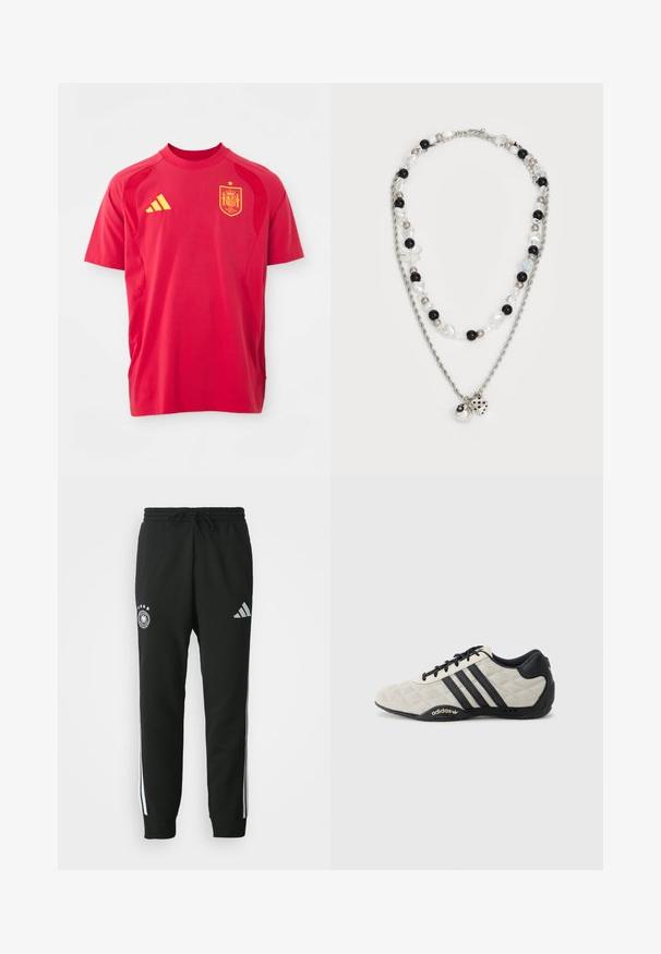 Raudona sportinė marškinė, pagaminta iš lengvos medžiagos, su apvaliu kaklu, trumpomis rankovėmis, geltonu Adidas logo ir Ispanijos nacionalinės komandos insignija.; Juodi sportiniai kelnių su raišteliu juosmenyje, su baltais šonų dryžiais, penkių žvaigždžių emblemą ir Adidas logotipu ant šlaunies.; Adidas sportiniai batai su tekstūriniu, šviesiai pilku viršumi ir juodais odos akcentais. Yra juodas trijų juostų logotipas ir paminkštintas padas.; Dvisluoksnė kaklo grandinėlė, pagaminta iš sidabro grandinės, mišrių karoliukų juodos, baltos ir grietinėlės spalvų, su dekoratyviniais žavesiais, primenančiais kauliukus ir rutulį.