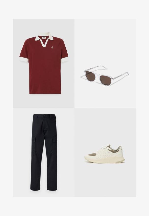 Camisa polo cor de vinho com colarinho e punhos brancos. Apresenta um decote em V e um pequeno logo em forma de coração no peito. Feita de um tecido suave.; Calças cargo pretas feitas de tecido resistente, com corte de perna direita, dois bolsos laterais e fecho de botão na cintura.; Sapatilha atlética branca e bege claro, com parte superior em malha, detalhes perfurados e uma entressola texturizada com marcação no calcanhar.; Óculos de sol transparentes com lentes retangulares castanhas, apresentando hastes finas e transparentes e detalhes em metal nas laterais.