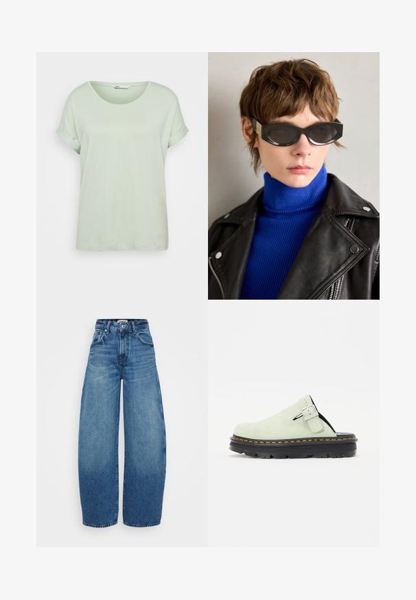 Světlounká zelená krátká tričko s kulatým výstřihem, ohrnutými rukávy a měkkou texturou, vyrobené z lehkého materiálu.; Široké modré džíny s vysokým pasem, s přechodem barev od světle modré po tmavě modrou, předními kapsami a zapínáním na knoflík.; Světlé zelené semišové dřeváky s zaoblenou špičkou, nastavovací sponou a černou texturovanou podrážkou s oranžovými švy.; Černé sluneční brýle s zaoblenými hranami a tónovanými skly. Obsahují zlaté akcenty na rámech. Noseny s modrým žebrovaným rolákem a koženou bundou.; Stříbrné kruhové náušnice s designem mašle, s hladkým povrchem a lesklou texturou. Kompaktní, minimalistický styl vhodný pro různé příležitosti.