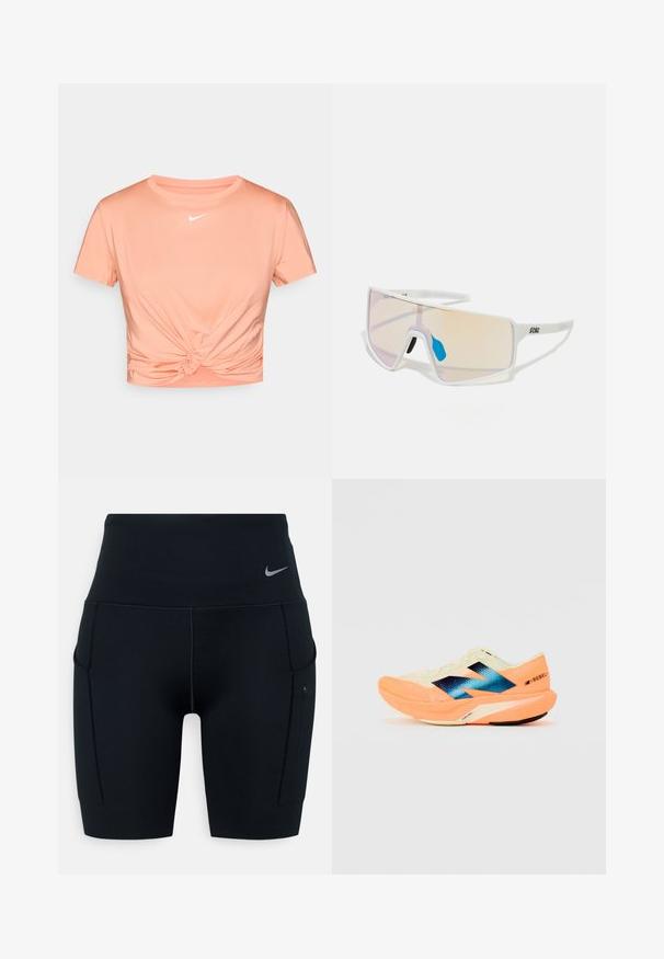 Camiseta de manga corta y corte cropped en tejido melocotón con un detalle de nudos en la parte frontal. Presenta un pequeño logo blanco de Nike en el pecho.; Shorts deportivos negros de talle alto hechos de material elástico; cuentan con bolsillos laterales y un pequeño logotipo de Nike en la cinturilla.; Zapatilla de running con un upper ligero en color crema, branding azul y acentos naranjas en la suela. Textura de malla para mayor transpirabilidad.; Gafas de sol con marco blanco y lentes grandes en degradado que presentan un tinte de rosa a naranja claro, acentuadas con una pieza nasal azul y un detalle del logo.