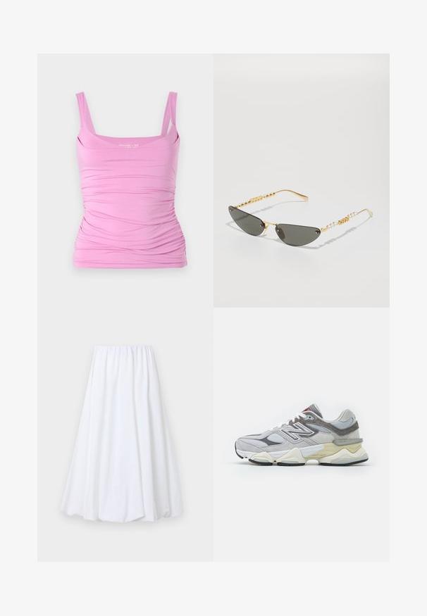 Roosa ilma varrukatop, millel on sobiv siluett, külgedel koondatud tekstuur ja ruudukujuline kaelus. Pehme kangas ja elastne materjal.; Valge pahkluunini seelik, millel on elastne vöökoht, valmistatud kergest kangast, millel on sile tekstuur ja voolav siluett.; Hallus halli nahast ja võrgust tennisekott, millel on paks valge ja beež tald, silmapaistva valge logoga ja punaste aktsentdetailidega.; Kuldraamidega prillid tumedate hallide läätsedega. Ainulaadne kassisilma kuju. Templiosas vahelduvad kuldsed helmed ja pärliraamid.