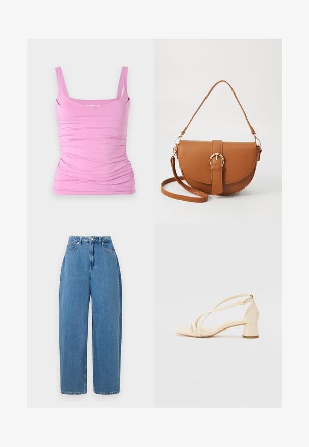Rozā bezpiedurkņu blūze ar pieguļošu siluetu, kas izceļas ar savilkta auduma tekstūru sānos un taisnā kakla izgriezumu. Mīksts audums un elastīgs materiāls.; Gai zili džinsi ar taisnu kāju piegriezumu, augstu jostasvietu un priekšējo pogu aizdari. Iespējotas piecas kabatas un minimālas šuvju detaļas.; Beige augstiem papēžiem ar bloku, ar siksniņu dizainu un regulējamu potītes siksniņu, izgatavoti no gludas sintētiskas materiāla ar matētu apdari.; Brūns ādas plecu soma ar izliekta formu, zelta piederumiem un sprādzes akcentu. Iesaiņota ar noņemamu plecu siksnu.