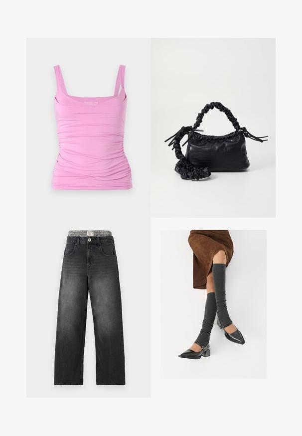 Roosa ilma varrukatop, millel on sobiv siluett, külgedel koondatud tekstuur ja ruudukujuline kaelus. Pehme kangas ja elastne materjal.; Mustad denimist laiad püksid, millel on kassi-loomakaubaga vöökoht. Omadused hõlmavad eespool taskuid ja nuppleclosingut. Kulunud tekstuur.; Mustad patsaline odav värviga kingad, millel on kreen ja pahkluuring, on paaritatud hallide ribakudumitega sääremiidega ja pruunist nahast seelikuga.; Must must sünteetilisest nahast käekott, millel on krokodillimuster, kokku tõmmatav ülaosa ja kortsus rihm. Tundub pehme ja kompaktne disain.