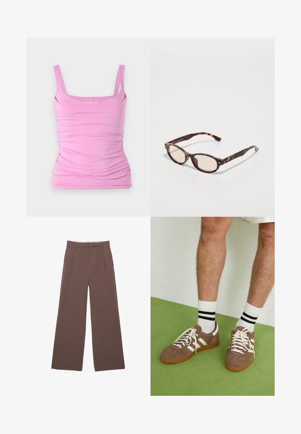 Top senza maniche di colore rosa con silhouette aderente, caratterizzato da una texture arricciata lungo i lati e un scollo quadrato. Tessuto morbido e materiale elasticizzato.; Pantaloni a gamba larga in tessuto marrone uniforme, con una trama liscia, pieghe frontali e una vita su misura. Senza loghi o motivi visibili.; Sneaker in suede marrone con dettagli e lacci bianchi. Suola in gomma color gomma. Indossati con calzini bianchi con righe nere. Pavimento verde texturizzato.; Occhiali da sole tartarugati con forma arrotondata e lenti chiare. Presentano aste robuste con piccoli dettagli dorati, realizzati in materiale plastico.