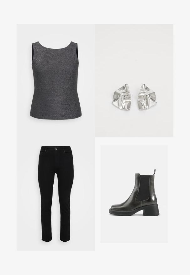 Top bez rukávov v tmavošedej farbe s kovovým leskom, s okrúhlym výstrihom a priliehavým strihom, vyrobený z textúrovanej tkaniny.; Čierne denimové nohavice so slim fit strihom, dizajnom s piatimi vreckami, predným zapínaním na gombík a miernym elastanom pre pohodlie. Hladká a rovná textúra s minimálnymi detailmi.; Čierne kožené členkové čižmy s hladkým povrchom, elastickými bočnými panelmi a masívnym opätkom. Obsahujú úchyt na jednoduchšie obúvanie.; Strieborné kovové náušnice s vlnitým, sochárskym dizajnom, s lešteným povrchom a nepravidelnými tvarmi, ktoré zvýrazňujú súčasnú estetiku.