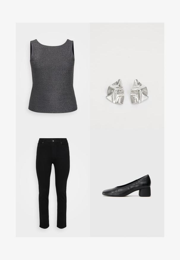 Ermeløs topp i mørkegrå med metallisk glans, med rund halslinje og en tettsittende fasong, laget av et teksturert stoff.; Sorte denim jeans med slim fit, fem-lomme design, front knappelukking og lett stretch for komfort. Flat, jevn tekstur med minimal detaljer.; Sorte lærpumps med rund tå og mellomstor blokkhæl. Glatt tekstur med minimalt med detaljer, og har en subtil elastisk åpning.; Sølvmetall øredobber med et bølgete, skulpturelt design, preget av en polert finish og uregelmessige former, som fremhever en moderne estetikk.