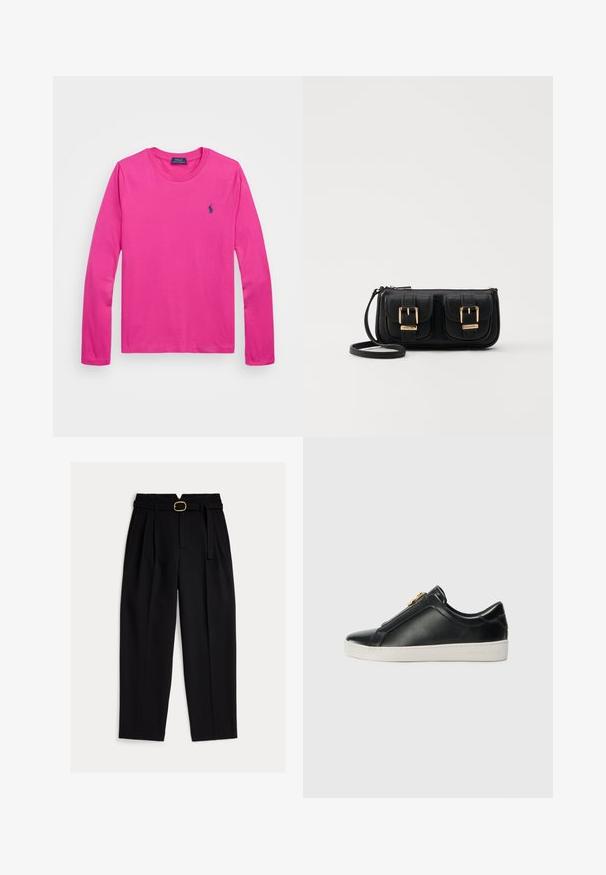 Ilgų rankovių marškinėliai iš ryškiai rožinės medvilnės, su apvalia iškirpte ir mažuoju tamsiai mėlynu siuvinėtų logotipu kairėje krūtinės pusėje.; Juodos aukštos juosmens kelnės su diržu juosmens srityje, priekiu su klostėmis ir plačiomis kojų apačiomis. Pagamintos iš lygaus audinio su klasikiniu kirpimu.; Juodos odinės slydimo bateliai su pakeltu siūlu, sidabrinėmis detalėmis ant viršaus ir baltu guminiais padais, kuris išsiskiria iškilmingu ženklinimu.; Juodas odinis per petį nešiojamas krepšys su dviem priekiniais kišenėmis, auksiniais sagtimis, užtrauktuko uždarymu ir siauromis petnešomis. Textūruota paviršius ir kompaktiškas stačiakampis formatas.