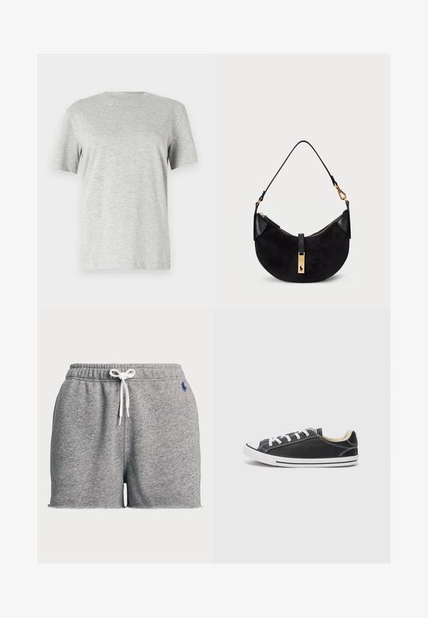 Graues, kurzärmliges T-Shirt aus weichem, strukturiertem Stoff; verfügt über einen klassischen Rundhalsausschnitt und eine lockere Passform ohne Muster oder Logos.; Graue Baumwollmischung-Shorts mit elastischem Bund, weißem Zugband und kleinem blauen Logo auf der Vorderseite. Mit fransigem Saum.; Converse CHUCK TAYLOR ALL STAR DAINTY LUCKY - Sneaker low - black/white; Schwarze Handtasche mit geschwungener Form, aus Wildleder und Leder gefertigt, mit einem Reißverschluss in Goldtönen und einem Logo-Detail. Enthält einen kurzen Griff.