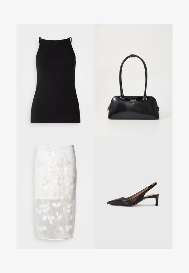 Musthave mustrega õhukeste rihmadega, pehmest kangast. Sellel on ümar kaelus ja neid on tihedalt lõigatud, ilma igasuguste mustrite või kaunistusteta.; Knee-length seelik kreemjas värviga, millel on lilleline sädelev muster. Poolläbipaistev ülemine kiht, allpool vooderdatud. Sile tekstuur erinevate valgete kaunistustega.; Must musta slingback tüüpi kingad terava nina, madala kontsaga ja sileda pinnaga. Sisaldab õhukest reguleeritavat rihma turvaliseks istumiseks.; Must ja läikiv käekott, millel on kaarekujuline siluett, kaks käepidet ja esiküljel logo plaat. Lukuga sulgemine ja läikivad metalldetailid.