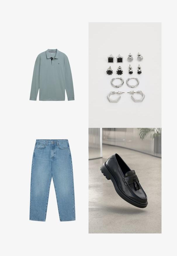 Polo majica s dugim rukavima v svetlo modrih odtenkih, s kontrastnim temno modrim ovratnikom. Iz bombažnega materiala, z manjšim logotipom na levem prsnem delu. Klasičen kroj.; Svetlo modre kavbojke iz jeansa z ravnim krojem nogavic, obliko s petimi žepi in rahlo zbledelo teksturo. Imajo zapenjanje na gumb in zadrgo.; Črni usnjeni mokasini z gladkim zaključkom, dekorativnimi cofki, debelim gumijastim podplatom in všitimi poudarki. Lahka in elegantna zasnova.; Srebrn ton uho, ki vključuje dva para obročastih uhani in šest parov uhanskih kamenčkov v različnih oblikah in teksturah, vključno s črnimi poudarki.