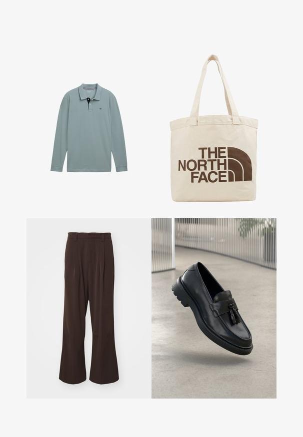 Koszula polo z długim rękawem w jasnoniebieskim kolorze z kontrastującym granatowym kołnierzykiem. Materiał bawełniany, z małym logo na lewej piersi. Klasyczny krój.; Brązowe spodnie szerokie nogawki z wysokim stanem, z fałdami z przodu i pętelkami na pasek, wykonane z gładkiego, lekkiego materiału.; Czarne skórzane mokasyny o gładkim wykończeniu, z dekoracyjnym chwostem, grubą gumową podeszwą i przeszyciami. Lekka i elegancka konstrukcja.; Beżowa torba płócienna na ramię z dwoma uchwytami, z dużym ciemnobrązowym napisem logo "THE NORTH FACE" oraz półokrągłym elementem graficznym.; Srebrny zegarek metalowy z satynową niebieską tarczą, białymi znacznikami godzin oraz wyświetlaczem daty. Posiada ogniwowy metalowy pasek i logo marki.