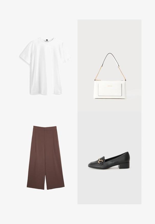 Bílá krátkosrstá trička vyrobená z bavlny, s kulatým výstřihem, rovním lemem a jemnou, hladkou texturou. Bez vzorů či grafik.; Hnědé široké kalhoty s hladkou texturou, vysokým pasem a předními záhyby. Materiál je lehký a volně splývá.; Černé kožené loferské boty s plochým podpatkem, zdobené zlatým kovovým detailem na přední straně a hladkým povrchem.; Bílá kožená kabelka s texturovaným povrchem, zdobená zlatým řetízkem a černými akcenty. Obsahuje přední kapsu a uzavírání na zip.