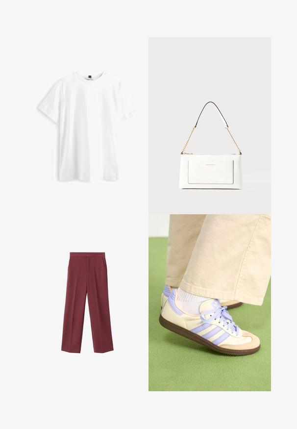 Biele tričko s krátkym rukávom vyrobené z bavlny, s klasickým výstrihom, rovnou spodnou časťou a jemnou, hladkou textúrou. Bez vzorov alebo grafiky.; Bordové nohavice s širokými nohavicami a hladkým povrchom, s bočnými vreckami a vysokým pásom. Ušité s čistým predným záhybom.; Krémovo-fialové tenisky so tromi pruhmi a štruktúrovanou hnedou podrážkou, s šnúrkami a polstrovaným opätkom. Mäkký textilný zvršok.; Biele kožené kabelka s textúrovaným povrchom, ktorá má zlatý retiazkový popruh a čierne akcenty. Obsahuje prednú kapsu a zipsové zapínanie.