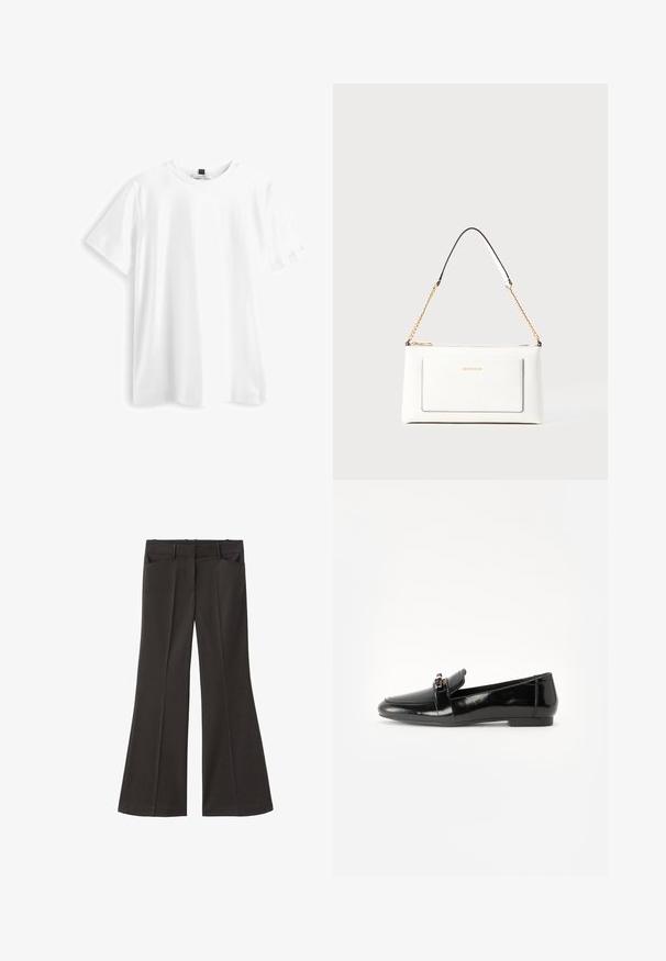 Biała koszulka z krótkim rękawem wykonana z bawełny, z okrągłym dekoltem, prostym dołem i miękką, gładką teksturą. Bez wzorów ani grafik.; Czarne spodnie z szerokimi nogawkami i wysokim stanem; posiadają dwie przednie kieszenie oraz gładką teksturę materiału. Idealne na różne okazje.; Czarne lakierowane loafery z płaską podeszwą, zaokrąglonym noskiem i dekoracyjnym paskiem z złotym akcentem. Gładkie, błyszczące wykończenie.; Biała skórzana torebka o teksturowanym wykończeniu, z złotą łańcuszkową rączką i czarnymi akcentami. Zawiera przednią kieszeń oraz zamek błyskawiczny.