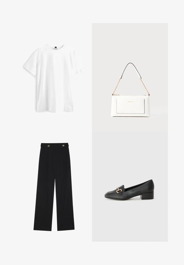 T-shirt bianco a maniche corte realizzato in cotone, con colletto rotondo, orlo dritto e texture morbida e liscia. Senza motivi o grafica.; Pantaloni neri a gamba larga con vita alta, dettagli con bottoni in vita e pieghe frontali.; Mocassini in pelle nera con tacco piatto, dotati di un dettaglio decorativo in metallo dorato nella parte anteriore e una superficie liscia.; Borsa a tracolla bianca in pelle con un finish testurizzato, dotata di una tracolla in catena dorata e accenti neri. Include una tasca frontale e una chiusura con zip.