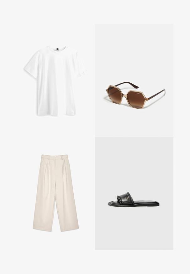 Camiseta blanca de manga corta fabricada en algodón, con cuello redondo, dobladillo recto y textura suave y lisa. Sin patrones ni gráficos.; Pantalones de pierna ancha beige con pliegues, con una textura suave y trabillas para cinturón. Corte a medida, ofreciendo un ajuste holgado alrededor de las piernas.; Sandal de cuero negro con detalle de correa trenzada, suela plana y un diseño elegante. Textura suave y perfil minimalista.; Gafas de sol hexagonales con lentes marrón degradado, montura transparente beige y varillas marrón oscuro. Presenta el logo de "vogue" en el lateral.; Bolso de mano de cuero blanco con un acabado texturizado, que cuenta con una correa de cadena dorada y acentos negros. Incluye un bolsillo frontal y cierre de cremallera.